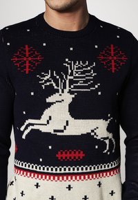 Mörkblått stickat tröja med en vit ren-design, röda snöflinge-accenter och ett dekorativt mönster längs fållen.