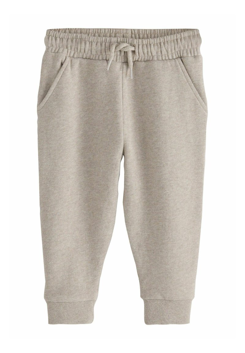 Pantaloni da tuta grigi chiari in morbido tessuto con vita elastica, coulisse regolabile e polsini a coste. Presenta due tasche laterali.