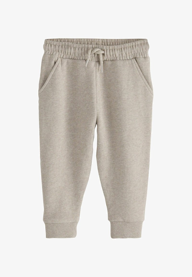 Pantalon de jogging gris clair pour tout-petit avec taille élastique, cordon, poches latérales et bords-côtes aux chevilles.