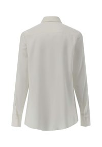 Weißes Langarmhemd mit Kragen, glatter Textur, geradem Schnitt und geknöpften Manschetten. Die Rückansicht zeigt minimale Nähte und keine Muster.