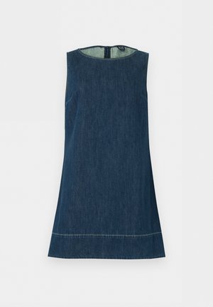 Tamsiai mėlyna džinsinė suknelė be rankovių, A formos silueto, su apvalia iškirpte ir užtrauktuku nugaroje, su šviesiais siūlais palei apačią.