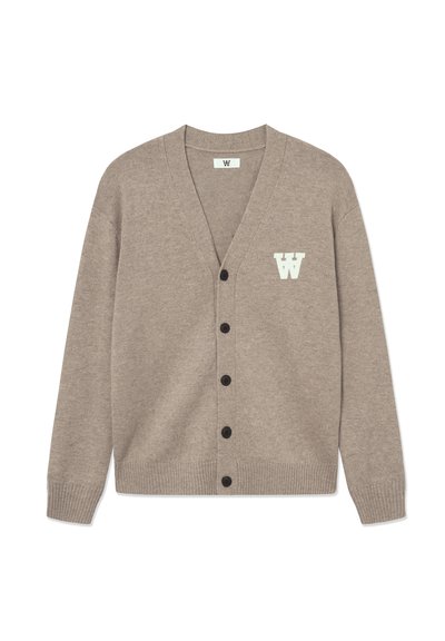 Light brown cardigan made of soft fabric, featuring a V-neck, black buttons, and a white embroidered letter "W" on the left chest.