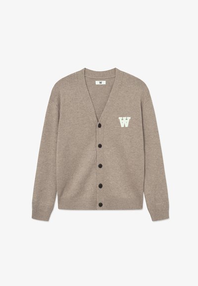 Light brown cardigan made of soft fabric, featuring a V-neck, black buttons, and a white embroidered letter "W" on the left chest.