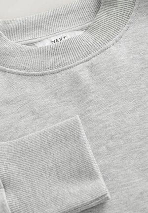 Grijze sweatshirt met een geribbelde kraag en manchetten. Zachte textuur, zichtbare naden en een label met "NEXT" aan de binnenkant van de hals.