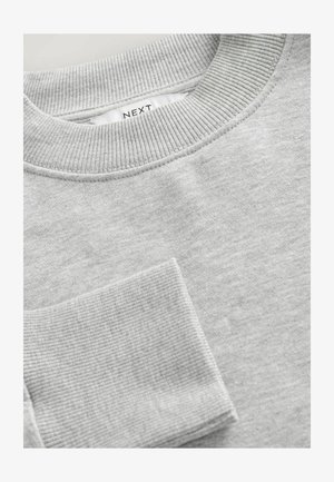 Grijze sweatshirt met een geribbelde kraag en manchetten. Zachte textuur, zichtbare naden en een label met "NEXT" aan de binnenkant van de hals.