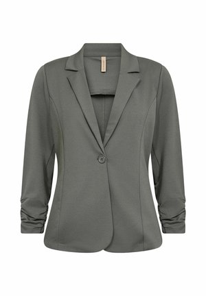 Oliiviroheline naiste bleiser ühe nööbiga kinnitusega, sisselõigete ja kogutud 3/4 pikkuste varrukatega.