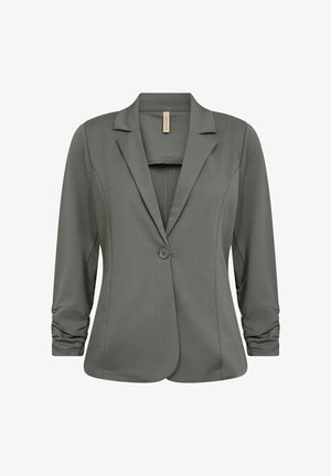 Olivengrøn kvindeblazer med lukning med én knap, revers med notcher og rynkede trekvartlange ærmer.