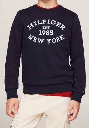 Dziecko ubrane w granatową bluzę z białym napisem „HILFIGER EST. 1985 NEW YORK”, beżowe spodnie typu cargo oraz czerwoną koszulkę pod spodem.