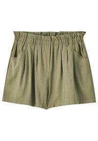 Shorts taille haute vert olive avec taille élastique froncée, passants pour ceinture, poches avant et coupe décontractée.