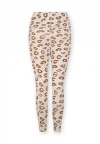 Leggings a stampa leopardata in beige con macchie marroni. Tessuto morbido, design aderente, vita alta e texture elastica per il massimo comfort.