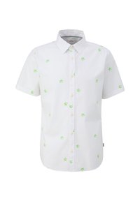 Chemise blanche à manches courtes avec boutons, avec de petites impressions de palmiers verts réparties uniformément sur le tissu.
