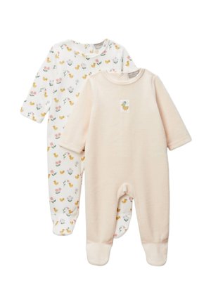 Deux combinaisons pour bébé : l'une blanche avec des canards jaunes et un motif floral, l'autre rose pâle avec un petit graphique de canard. Les deux sont en tissu doux.