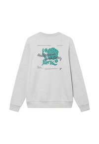 Gray sweatshirt featuring a large teal graphic on the back with floral designs and text, ribbed cuffs, and a round neckline.