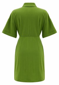 Robe verte à manches courtes avec col, taille ajustée et tissu texturé, vue de dos sur fond blanc.