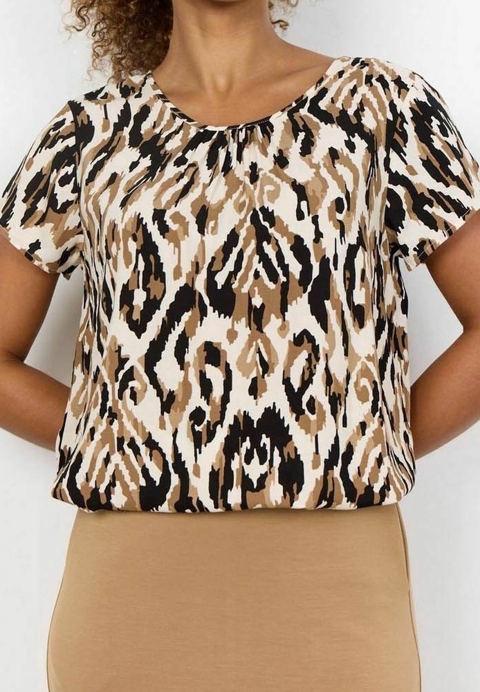 Short-sleeve top with a round neckline, featuring a brown, beige, and black abstract animal print on lightweight fabric.
