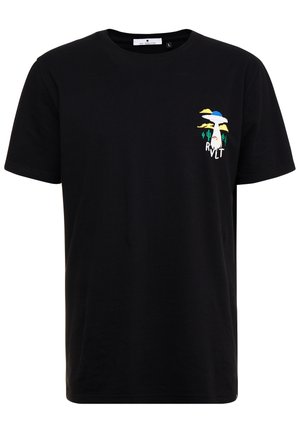Black short-sleeve T-shirt with small colorful UFO abducting a person and cacti design on left chest, labeled "RVLT."