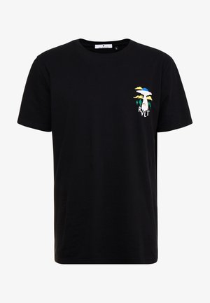 Black short-sleeve T-shirt with small colorful UFO abducting a person and cacti design on left chest, labeled "RVLT."