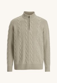Light gray cable-knit sweater with a high collar and half-zip design. Features ribbed cuffs and hem, textured pattern throughout.