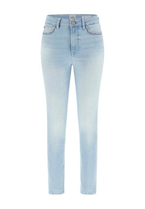 Jeans skinny a vita alta color azzurro chiaro con chiusura a bottone e zip, tasche anteriori e posteriori, e leggera scoloritura sulle cosce.
