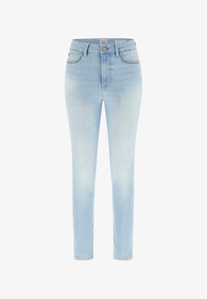 Jeans skinny a vita alta color azzurro chiaro con chiusura a bottone e zip, tasche anteriori e posteriori, e leggera scoloritura sulle cosce.