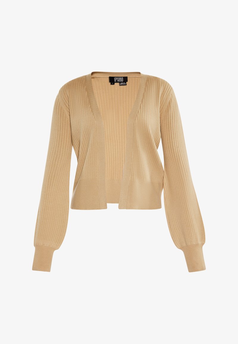 Beige bordás kardigán hosszú, ballonujjú és nyitott elülső designnal. Puha textúrájú, közepes hossza van, és finom függőleges mintái vannak.