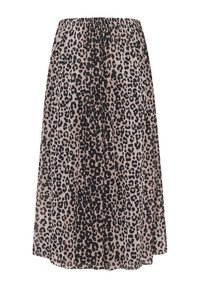 Leopardprint nederdel med elastisk talje. Stoffet er let og glat, med en beige baggrund og sorte dyremønstre.