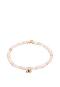 Pärlarmband med pastellfärgade rosa, gröna och blå stenar, med en guldberlock formad som ett öga i mitten.