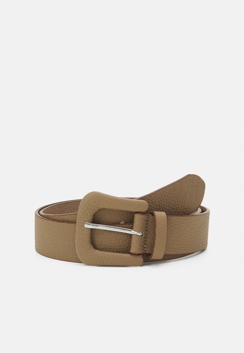 Beige leather belt with a textured finish, featuring a wide buckle in a matching color and a silver prong closure.