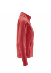 Giacca in pile di colore rosso corallo con colletto alto, tasca con zipper e maniche lunghe. Tessuto morbido e vestibilità aderente, adatta per essere indossata a strati.