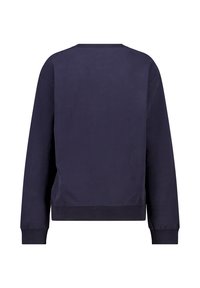 Sudadera de manga larga en un azul marino oscuro liso, con puños y bajo acanalados, y una vista trasera recta.