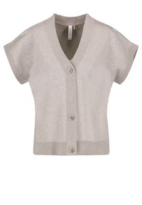 Cardigan en tricot beige clair avec des manches courtes, un col en V et cinq boutons sur le devant. Présente une texture côtelée au niveau de l'ourlet et des poignets.