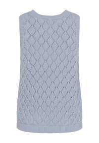 Gilet sans manches tricoté bleu clair avec motif ajouré en losanges et bords côtelés.