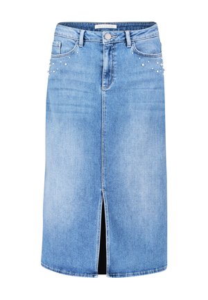 Denim rok, lichtblauw, kniehoogte met een split aan de voorkant. Kenmerken parelachtige accenten op de zakken en een klassieke vijf-pocketontwerp.