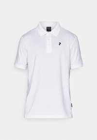 Hvid polo t-shirt lavet af glat tekstil med en tre-knaps knaplukning og et lille sort logo på venstre bryst. Korte ærmer, klassisk pasform.