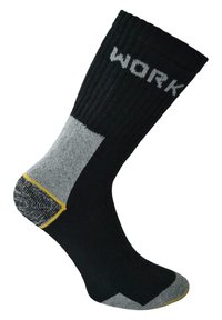 Schwarze Arbeitssocke mit geribbelter Textur, grauen Fersen und Zehenbereichen sowie gelben Akzenten an der Zehe. Mit dem Schriftzug "WORK" in grauer Schrift nahe dem oberen Rand.