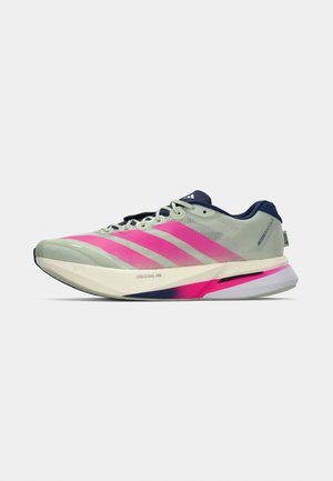Light gray and pink Adidas running shoe with navy interior, lightstrike pro sole, and "Adizero Boston 10" text on the heel.