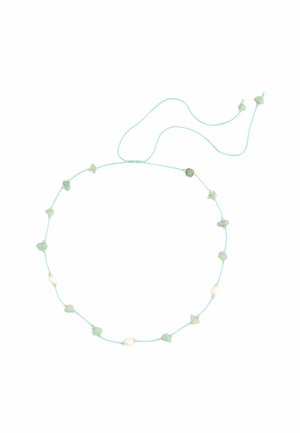 Beaded necklace featuring light green stones and white pearls threaded on a light blue rope, with adjustable length and gold accents.