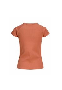Vista trasera acanalada de una camiseta ajustada en un suave color terracota. Presenta mangas cortas tipo raglán y un escote redondo.