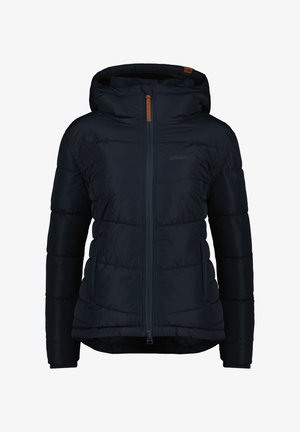 Giacca imbottita blu navy con zip anteriore, cappuccio regolabile e polsini elastici. Presenta sezioni trapuntate orizzontali e un piccolo logo sul petto.