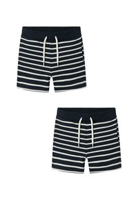 Marineblaue Schwimmshorts mit horizontalen weißen Streifen, elastischem Bund und Kordelzug. Das Material wirkt glatt und bietet eine entspannte Passform.