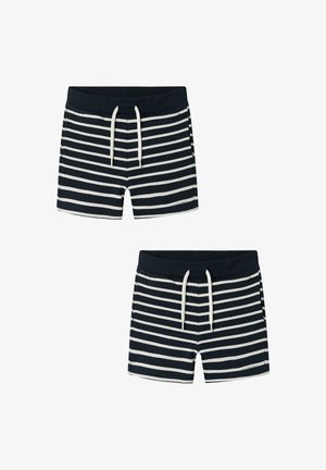 Navy swim shorts featuring horizontal white stripes, elastic waistband, and drawstring. Material appears smooth with a relaxed fit.
