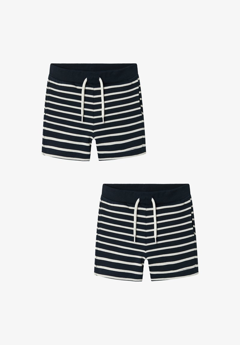Marineblaue Schwimmshorts mit horizontalen weißen Streifen, elastischem Bund und Kordelzug. Das Material wirkt glatt und bietet eine entspannte Passform.
