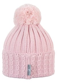 Berretto lavorato a maglia rosa con un motivo a treccia testurizzato, orlo a coste e un pompon soffice sulla parte superiore. Etichetta del marchio visibile sul lato.
