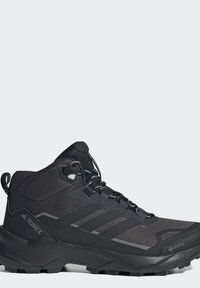Sort Adidas Terrex vandresko med mellemhøj skaft, tekstureret sål, mesh-overdel, snørelukning og Gore-Tex mærke på tåområdet.