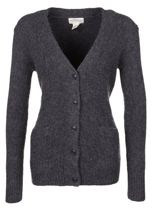 Dunkelgraue Strickjacke mit langen Ärmeln, V-Ausschnitt, fünf Knöpfen vorne und zwei aufgesetzten Taschen.