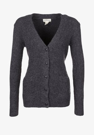 Ciemnoszary sweter kardigan z dzianiny z długimi rękawami, dekoltem w serek, pięcioma guzikami z przodu i dwoma przednimi kieszeniami.