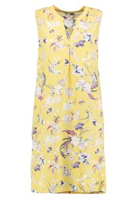 Ärmeloses Blumenkleid in strahlendem Gelb mit V-Ausschnitt. Das Kleid hat ein Muster aus bunten Blumen und eine lockere Silhouette.