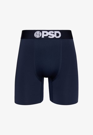 Tamsiai mėlyni boxer tipo apatiniai su juodu liemeniu, ant kurio yra baltas PSD logotipas, ir priekinė kvėpuojanti tinklelio dalis.
