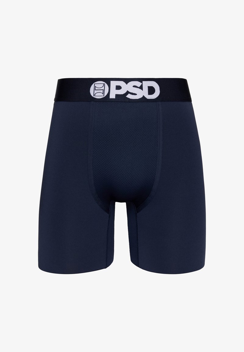 Boxers bleu marine avec une ceinture noire ornée d'un logo PSD blanc et un panneau avant en mesh respirant.