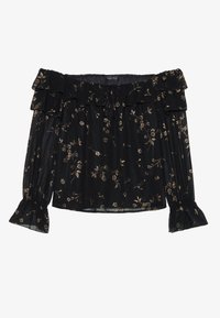 Blusa nera a spalle scoperte con scollatura e polsini con volant. Presenta motivi floreali dorati su un tessuto leggero.